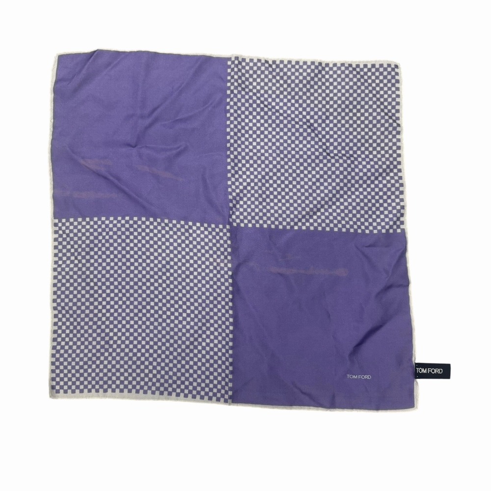 Tom Ford Men's Pocket Square Lilac Purple White Checkered Satin Silk 15.5"/15.5"